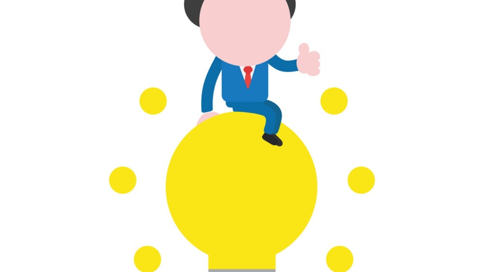 Vector illustration businessman character sitting on glowing yellow light bulb icon and showing thumbs up.