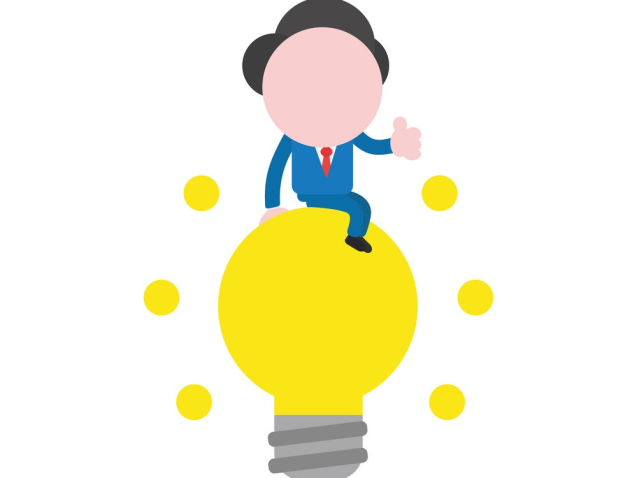 Vector illustration businessman character sitting on glowing yellow light bulb icon and showing thumbs up.